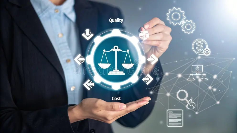 businesswoman presenting quality cost balance concept businesswoman dark suit blue shirt presents digital interface 382919877